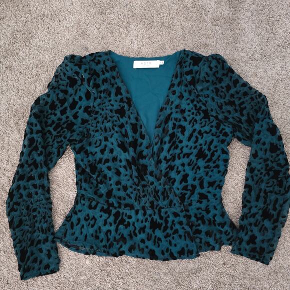 ASTR The Label Women’s Teal Burnout Leopard Wrap Top S Whimsigoth Velvet Blouse - Picture 2 of 8